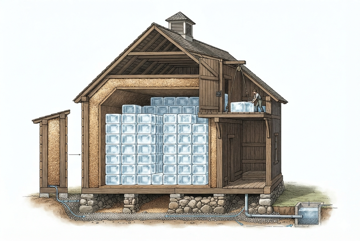 Diagrama de una icehouse del siglo XIX con aislamiento de aserrín para conservar hielo