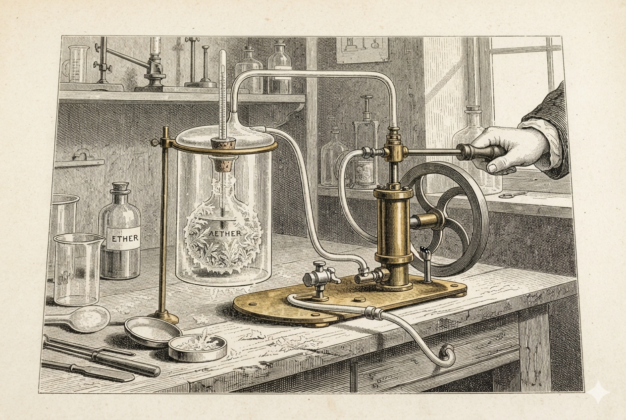 Ilustración del experimento de William Cullen que fabricó frío artificial con éter bajo vacío en 1748