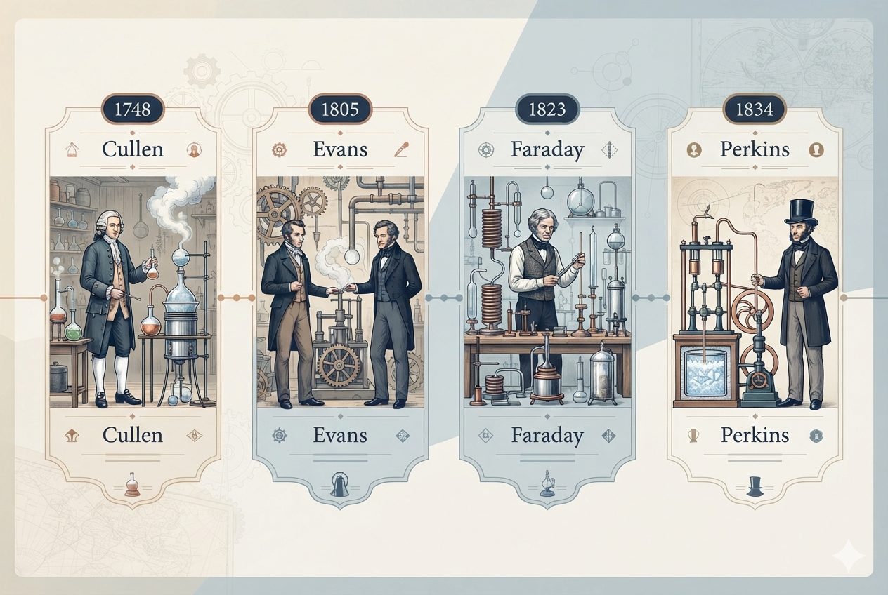 Línea de tiempo de los hitos del frío artificial: Cullen 1748, Evans 1805, Faraday 1823 y Perkins 1834