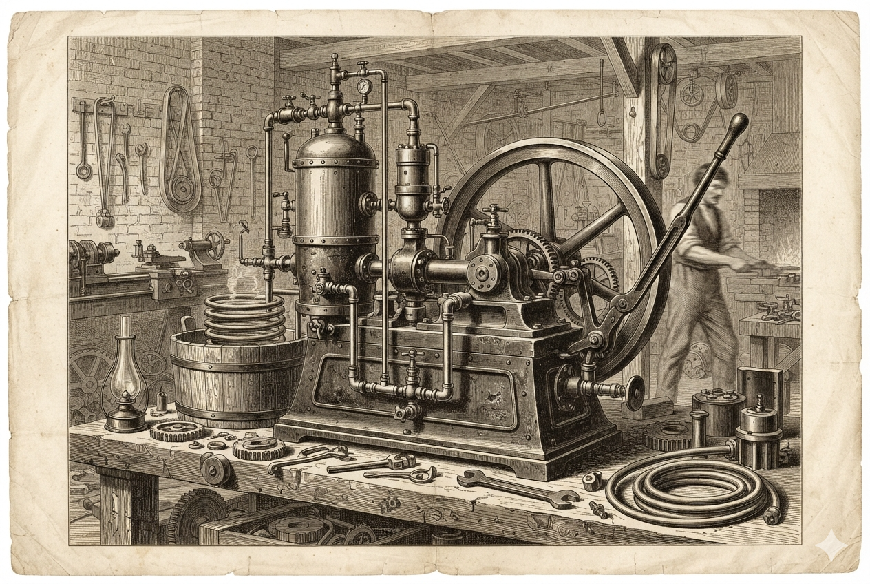 Grabado de la máquina de compresión de vapor de Jacob Perkins patentada en 1834