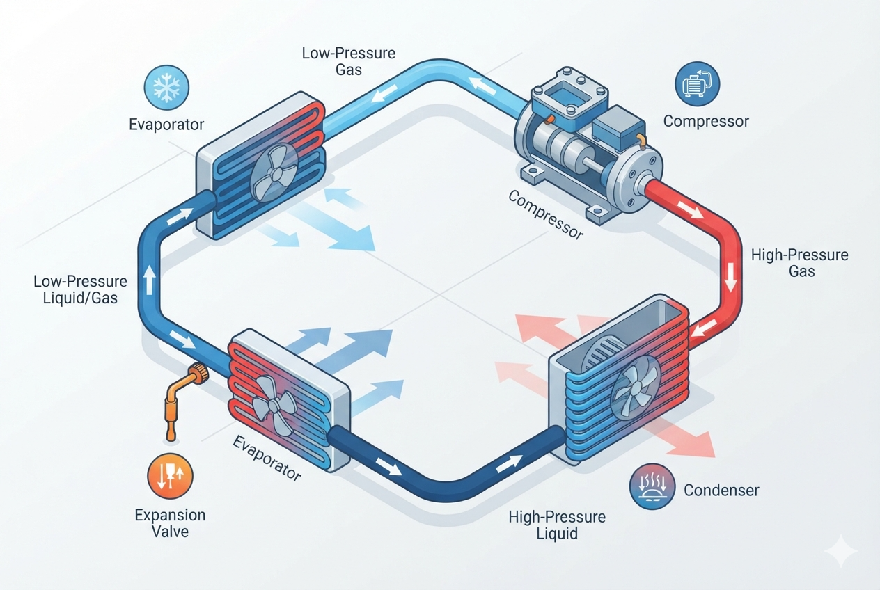 Diagrama del ciclo de compresión de vapor con sus cuatro componentes: evaporador, compresor, condensador y válvula de expansión